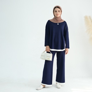 Invierno tejido musulmán mujeres suéter largo Tops pantalones conjuntos <span class=keywords><strong>de</strong></span> dos piezas trajes cálidos Dubai Turquía chándal Abaya ropa islámica - Product Image 4