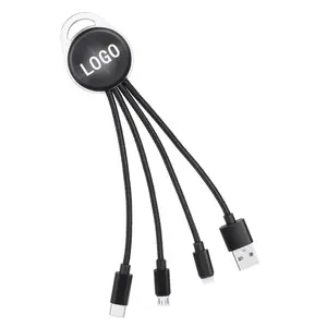 AiAude Luminous glowing 3 en 1 cable de carga CE ROHS certificado Nylon trenzado personalizado USB Cable con LED Light up logo