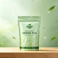 Sachet refermable à fermeture éclair vert mat imprimé numériquement, de qualité alimentaire, pour emballage de compléments de thé vert, en feuille d'aluminium