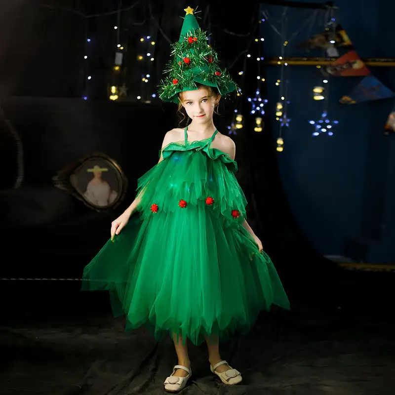 Gaun Cosplay Pohon Natal untuk Anak Perempuan Wanita Pertunjukan Elf Hijau Pakaian Serasi Putri Ibu Pesta Mewah