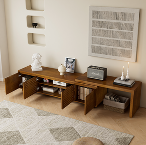 Mid-Century Modern Solid Oak Extendable TV Stand with <b>Adjustable</b> Storage for up to 75" TVs Living Room Media Console - Product Image 2