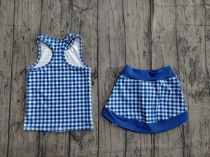 Ensemble jupe de yoga en gros, robe d'été pour bébé fille, longueur genoux, imprimé à carreaux bleus, sans manches, respirante, GSD3652 - Product Image 3