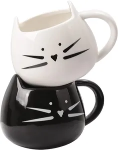 Juego de tazas de cerámica con forma de gato para café, té, leche, el mejor regalo para todos los días especiales, color blanco y negro