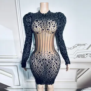 Designer Transparent Rhinestone Sequins Black Prom Dress Long Sleeve Banquet Evening Dress Women Sexy Mini Party Club Dresses