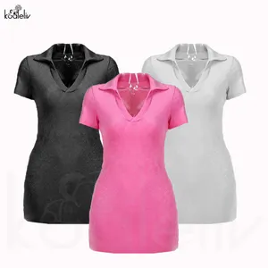 Terry Collar Kleid Pink Mini Sexy Kurzarm Handtuch Stoff Mode Elegant 2021 Low Cut Bodycon Sommer Frauen Shirt Kleid