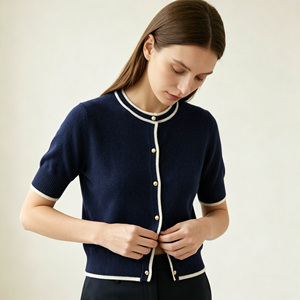 French Style Nautical Preppy Contrast Trim Premium <strong>Navy</strong> <strong>Blue</strong> Cashmere Wool Short Sleeve <strong>Cardigan</strong> with Polished Gold Buttons - Product Image 2
