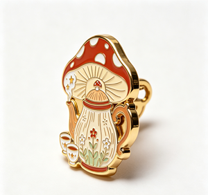 Broche de esmalte con diseño de tetera de hongos rojos y blancos, de metal dorado, para regalo y decoración - Product Image 4