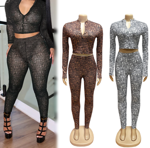 Viviblook Z304ST Conjunto de Dos Piezas para Mujer, Ropa de Club, Estilo Ajustado, Top Corto con Cierre y Manga Larga, Leggings, Tallas Grandes - Product Image 1