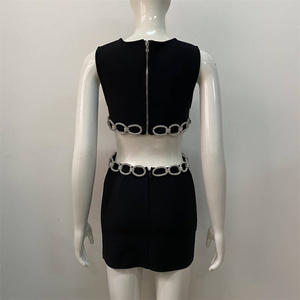 Alta calidad caliente moda mujer Sexy alta cintura flor con cuentas vendaje dos piezas vestido conjunto - Product Image 2