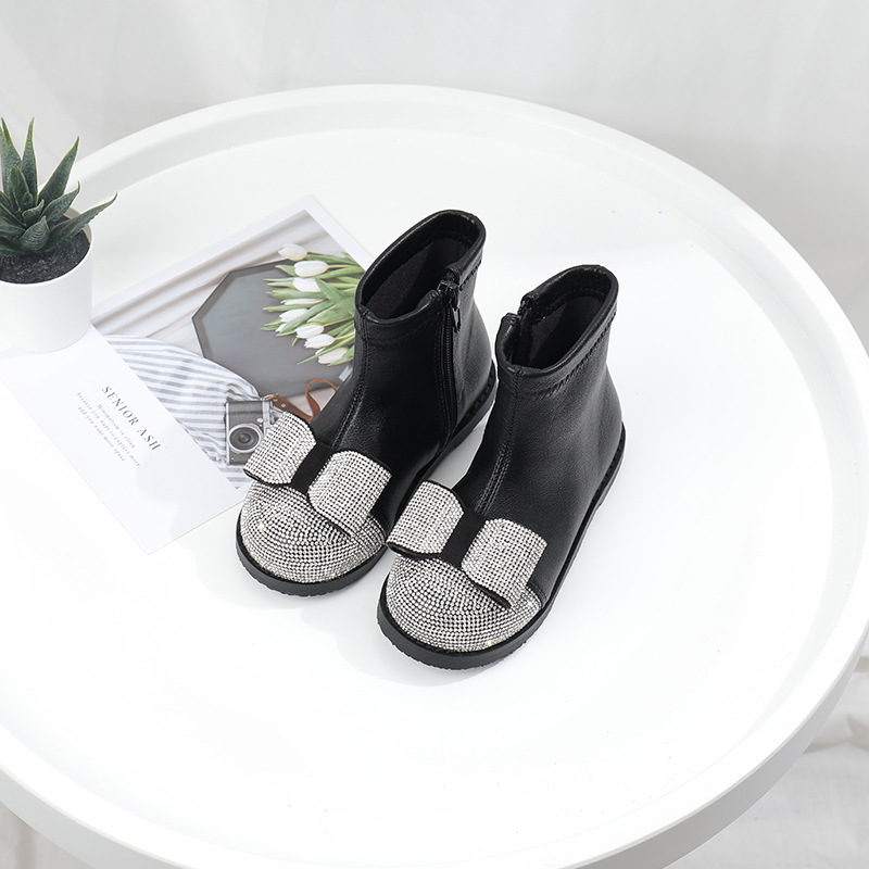 Girls trendy Martin boots 2021 new autumn bow zipper short boots winter plus velvet rhinestone Microfiber leather boots kids