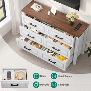 New Modern 6-Drawer Dresser with Built-in Power Outlet, Wood TV Stand 6 Large Drawers and <b>Bar</b> Handles - Product Image 2