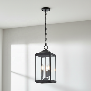 Lanterna da Portico a 3 Luci in Vetro Trasparente Nero Opaco, Lampada Pendente per Esterni di Media Dimensione per Ingresso e Porta d'Entrata OEM - Product Image 4
