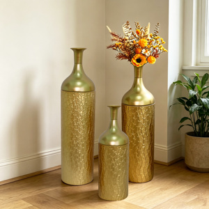 Ensemble de 3 vases décoratifs en métal, motif feuille d'or, vases de sol, vases hauts dorés pour la décoration de la maison, entrée - Product Image 4