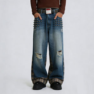 Pantalones <span class=keywords><strong>Vaqueros</strong></span> de Algodón Rotos <span class=keywords><strong>para</strong></span> <span class=keywords><strong>Hombre</strong></span> al por Mayor <span class=keywords><strong>con</strong></span> Remaches y Paneles a Cuadros, Pierna Ancha, Estilo Urbano Y2K, Suministro Directo de Fábrica - Product Image 3