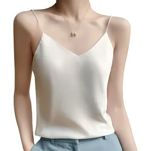 Camiseta de cetim com gola v, camiseta feminina básica branca, sem mangas, de seda e cetim, plus size