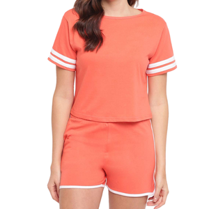 Summer Casual 2-Piece Set for Women <b>Knitting</b> Fabric Solid Color <b>Short</b> <b>Sleeve</b> <b>Top</b> and Knee <b>Shorts</b> Loose Fit Sweatpants - Product Image 2