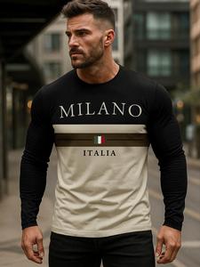 T-shirt a maniche lunghe da uomo con grafica bandiera italiana Milano - Maglia casual in raso 100% poliestere pesante con scollo a V e stampa ricamata 3D - Product Image 2