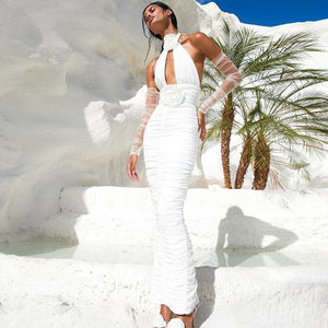 Váy dự tiệc dáng ôm màu trơn phối lưới cổ yếm gợi cảm, thiết kế đơn giản, kiểu dáng hiện đại, phối hạt bong bóng, tay dài. - Product Image 3