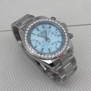Nouvelle montre chronographe à quartz pour homme de 39 mm, boîtier en acier massif, cadran bleu glacé avec index en strass, alimentée par un mouvement VK63 - Product Image 2