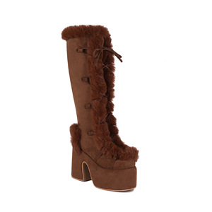 Botas Punk hasta la rodilla para mujer, tacones gruesos con ribete de piel, botas cálidas de invierno con plataforma alta de 17,5 cm, calzado de Invierno para mujer, botas cálidas, zapatos - Product Image 4