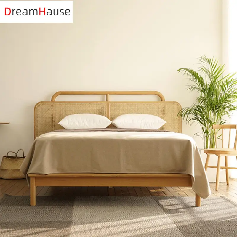 Dreamhause Nordic Solid Wood Bed French Japanese Style Bedroom Furniture Hotel 1.8m Double Bed 1.5m Wooden Bed with Rattan