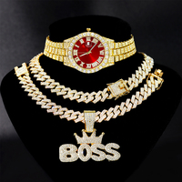 Set Perhiasan Hip Hop Jam Tangan+Kalung+Gelang+Liontin Rantai Kuba untuk Pria, Jam Tangan Mewah Bertabur Kristal untuk Pria