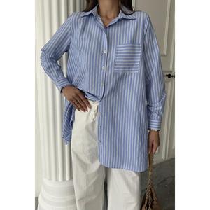 Camisa Larga a Rayas Azules para Mujer, Blusa Informal de Popelina con Botones, para Uso Diario - Product Image 2