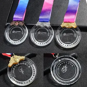 Supplier Customized Design Graduation Running Sports Medal Blank Crystal Medal with Ribbon Souvenir Crystal Medal