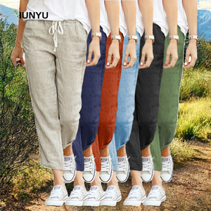 RTS European American Summer Collection New Eco-Friendly Regular Casual Cotton <b>Linen</b> Women's <b>Pants</b> High Elastic Flat <b>Drawstring</b> - Product Image 2