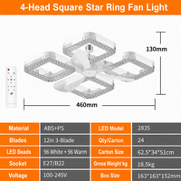 Ventilateur de plafond carré en cristal avec lumière, douille E27, 3 vitesses, télécommande, lampe LED détachable pour chambre à coucher et salon