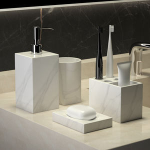 Conjunto de Acessórios para Banheiro de 4 Peças em Resina com Textura de Mármore Branco Puro Moderno Ecológico de Alta Qualidade Copo Porta-Escovas de Dentes Saboneteira - Product Image 1