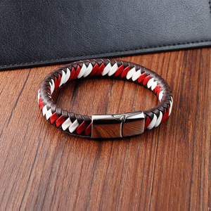 Hand-woven <b>red</b> and white leather <b>bracelet</b> genuine leather braided cord with vintage-style stainless steel accents - Product Image 3
