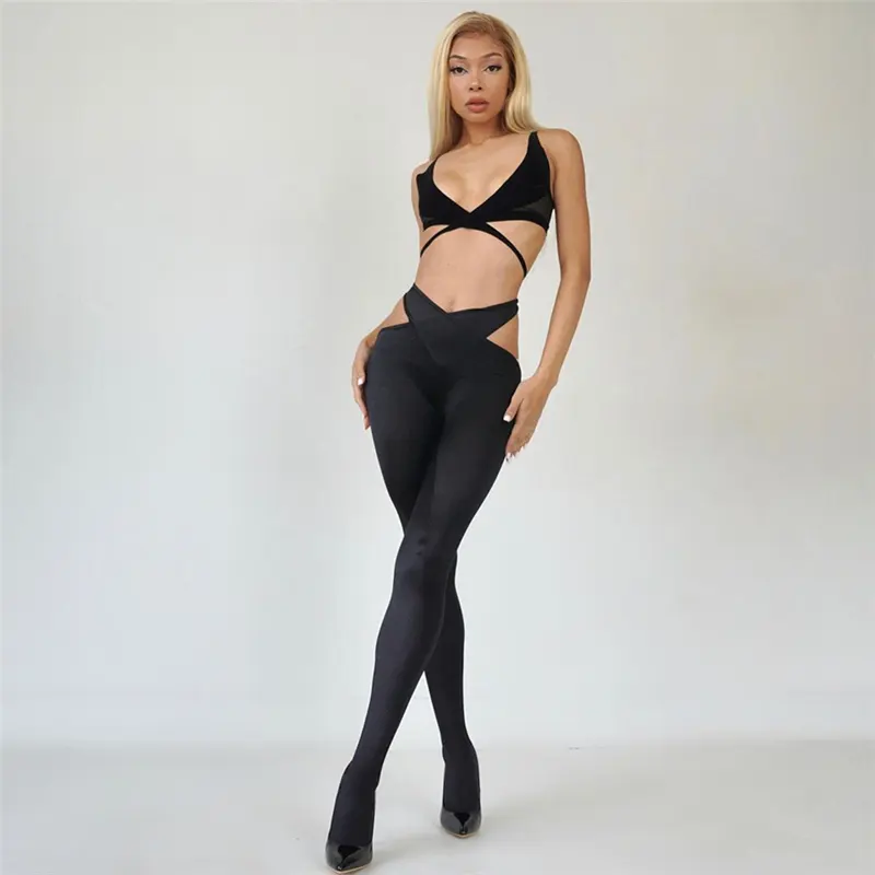 2023 Spring Womens New Sexy Hollow Mesh Stitching High Waist Tight Trousers Leisure Sports Suit