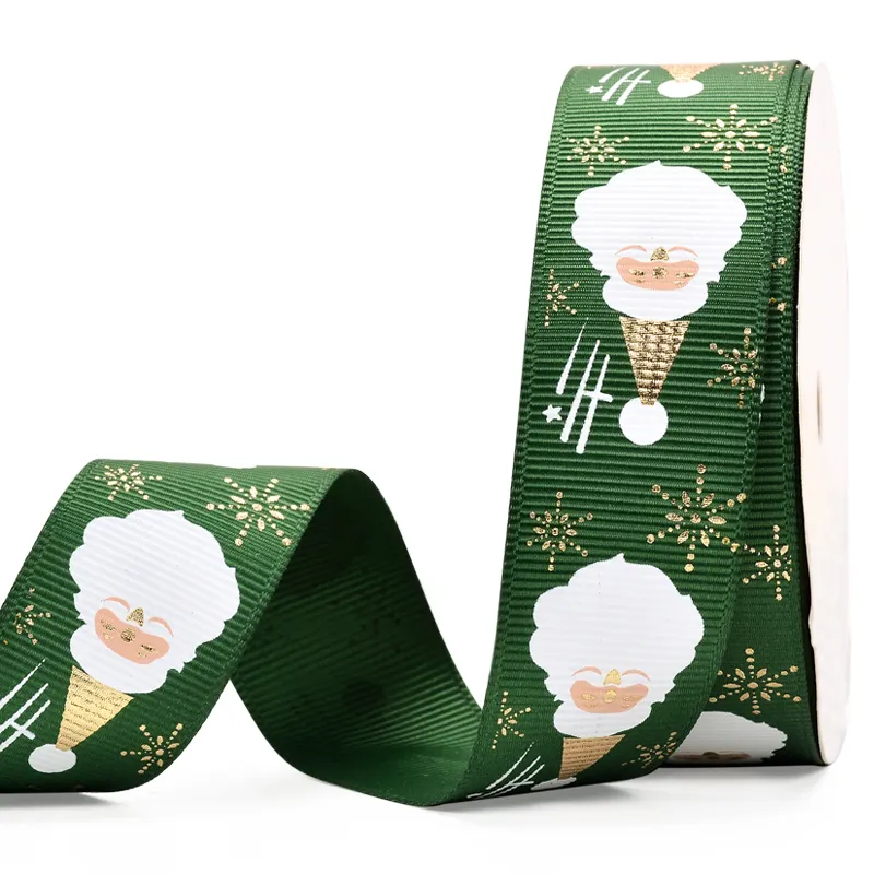 YAMA Factory Design Foil Gold Printed 25ミリメートルMerry Xmas Santa Claus Grosgrain Christmas Ribbon