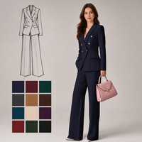 Ensemble pour femmes bleu marine, blazer formel à double boutonnage avec boutons dorés, pantalon large, vêtements de bureau de luxe pour cadres