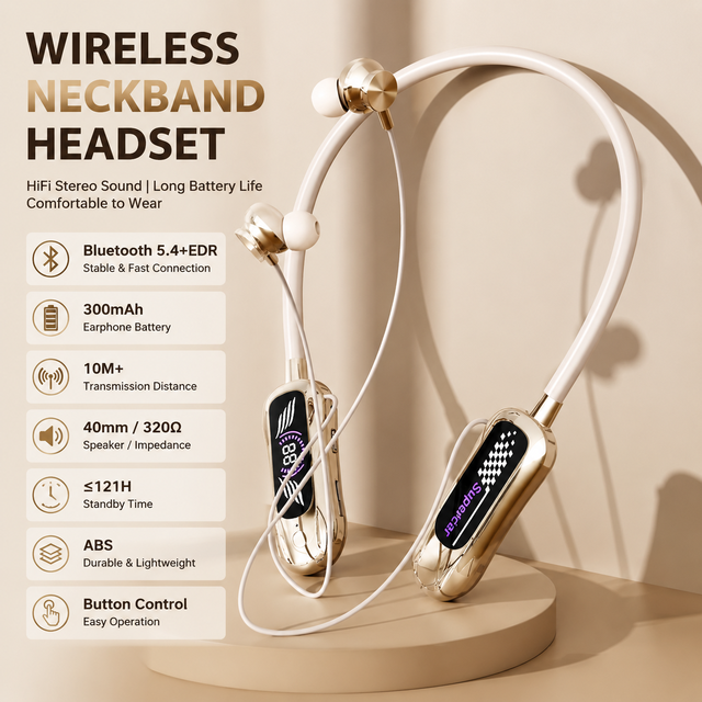 IPX5 Waterproof Wireless Neckband Sports Headphones for 5.4 Voice Control Digital Display Screen Private Mold Earphones