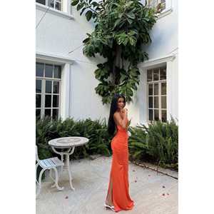 Orange Ball Gown Satin <b>Dress</b> <b>with</b> <b>High</b> Collar & Spaghetti Straps Empire <b>Waist</b> Simple Style Available in Knee-Length Floor-Length - Product Image 1