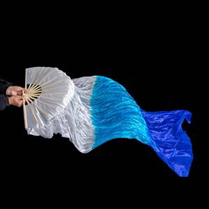 Dubbelzijdige Lange Vloeiende Zijden Waaier Voor Dansvoorstelling Driekleurige Gradiënt Lint Waaier Handgeschilderde Vierkante Dansfan - Product Image 3