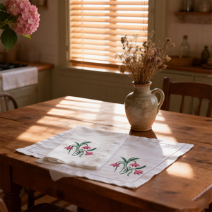 Serviettes en Lin <span class=keywords><strong>Broderie</strong></span> Florale Lavables Écologiques Personnalisées pour <span class=keywords><strong>Table</strong></span>, Mariage et Restaurant, Blanches - Product Image 4