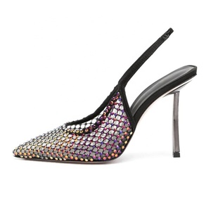 Sandales d'été pour femmes à bout pointu en maille, ornées de strass, à talons fins, style slingback, pour le quotidien - Product Image 1