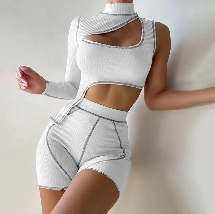 Summer Turtleneck Deep V Sexy One Sleeve Crop Top High Waist Shorts Lady Clothing Outfits Stripe Slim White Women Two Piece Set