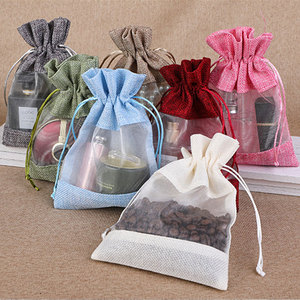Eco-friendly Recycled Jute Drawstring <b>Bag</b> with Clear Window Transparent Gift <b>Bag</b> <b>Folding</b> Style and Rope Handle - Product Image 2