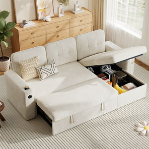 Sofá Cama Extensible 2 en 1, Convertible, Modular, Tapizado en Terciopelo, Relleno de Esponja, con Espacio de Almacenamiento, Puerto USB para Carga, Moderno, para Hotel, Centro Comercial, Escuela - Product Image 1