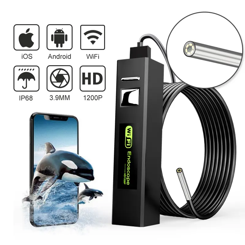Hot sales 3.9mm WIFI Endoscope Camera 1200P HD IP68 Waterproof Snake Camera LED Borescope Camera For Android PC Endoscope