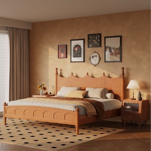 Lit de style français rétro en bois massif, lit double de 1,8 m, couleur bois de cerisier, sculpté à la main, meubles de chambre à coucher - Product Image 1