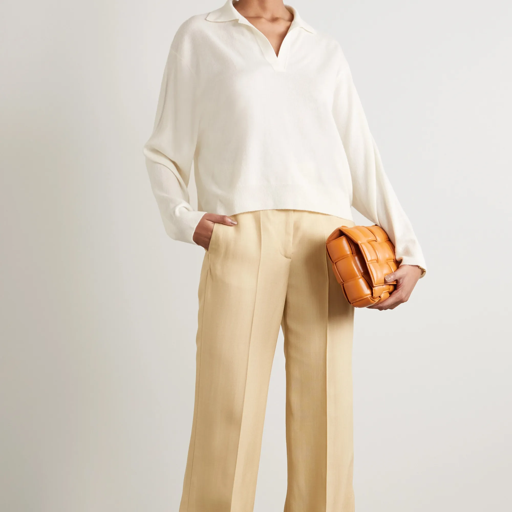 Высококачественный шерстяной вязаный свитер 14gg, женские свитера чистого белого цвета с длинным рукавом и отложным воротником
