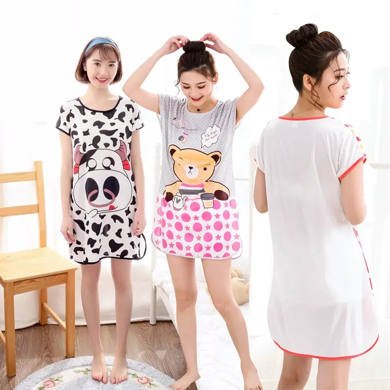 2022 Lady's Mini Nightgown Summer Short Sleeve Cartoon Printed Sleepwear Skirts Thin Soft Milk Silk Hot Sexy Pajamas Nighty