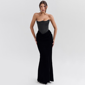 Robe longue moulante sans bretelles, taille naturelle, dos nu, couleur contrastante, robe de soirée - Product Image 1