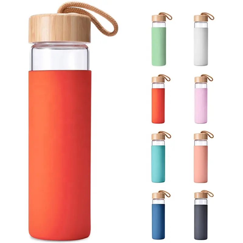 Eco Friendly 20 Oz BPA Free Borosilicate Glass Sublimation Glass Bottle with Bamboo Lid and Silicone Sleeve