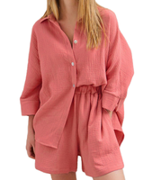 Ensemble deux pièces short et haut à manches longues coupe ample 100 % coton pour femme, collection Printemps-Automne 2026